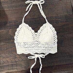 SHEIN Crochet Halter White Cover Up Crop Lined Top Festivals M